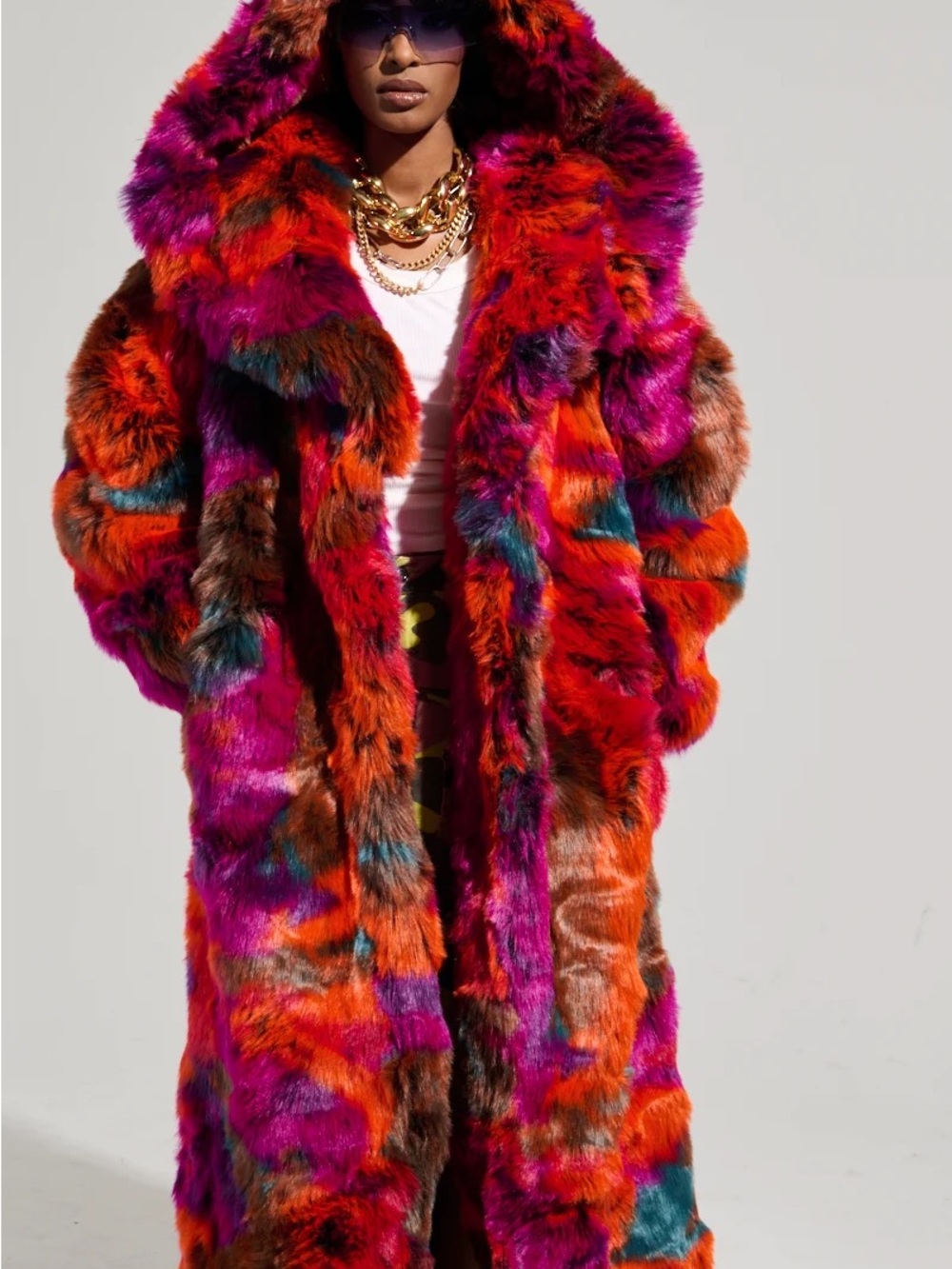 AKIRA UPSETTER Multicolor Faux Fur Hooded Maxi Coat in Red, Pink, Orange